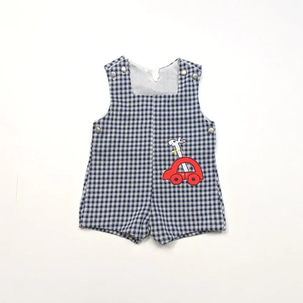 VintageJon Jon Baby Boys Sz 3m Blue Gingham Giraffe Car Preppy 60s